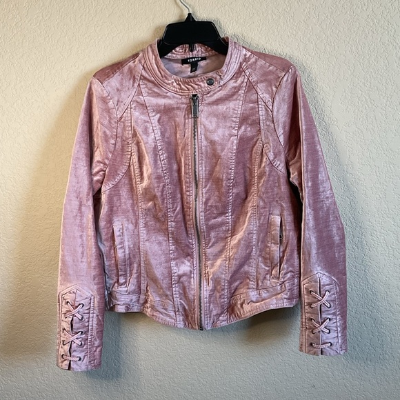 torrid Jackets & Blazers - Torrid Womens Pink Velvet Moto Jacket W/Lattice Tie Sleeves Size 00